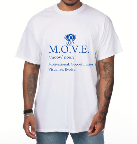 WHITE AND BLUE M.O.V.E. NOUN T-SHIRT