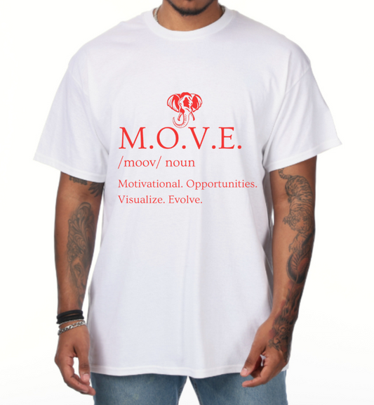 WHITE AND RED M.O.V.E. NOUN T-SHIRT